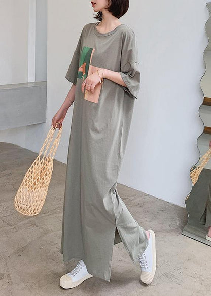 Chic o neck side open clothes Catwalk gray Animal print Plus Size Dresses - SooLinen