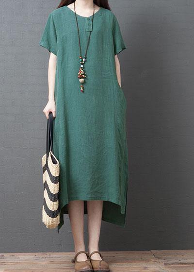 Chic o neck side open cotton dresses Sewing green Kaftan Dress summer - SooLinen