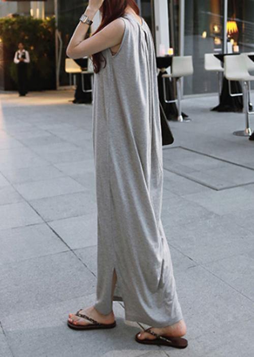 Chic o neck sleeveless cotton quilting dresses Runway gray cotton robes Dresses - SooLinen