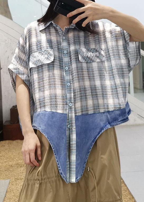 Chic patchwork plaid cotton box top lapel collar oversized summer blouse - SooLinen