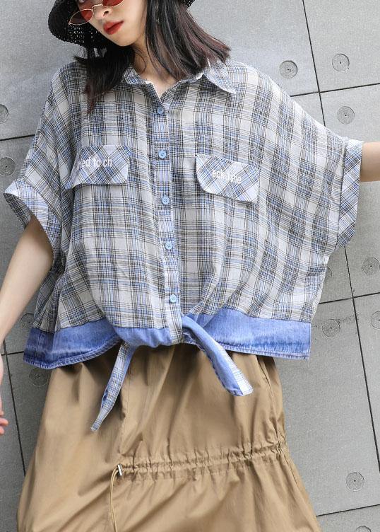 Chic patchwork plaid cotton box top lapel collar oversized summer blouse - SooLinen