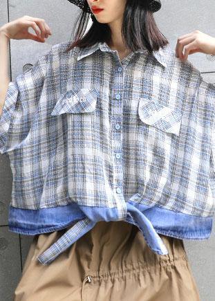 Chic patchwork plaid cotton box top lapel collar oversized summer blouse - SooLinen