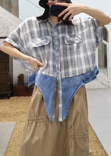 Chic patchwork plaid cotton box top lapel collar oversized summer blouse - SooLinen