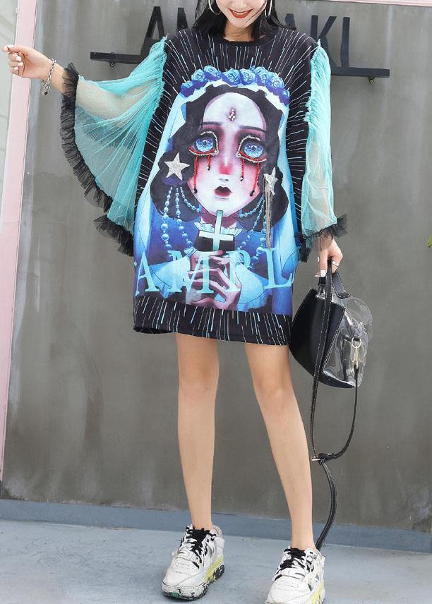 Chic patchwork tulle sleeve cotton top silhouette Shirts black blouses summer - SooLinen