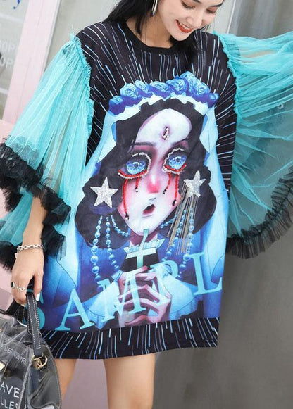 Chic patchwork tulle sleeve cotton top silhouette Shirts black blouses summer - SooLinen