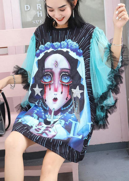 Chic patchwork tulle sleeve cotton top silhouette Shirts black blouses summer - SooLinen