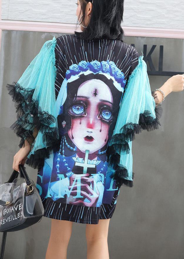 Chic patchwork tulle sleeve cotton top silhouette Shirts black blouses summer - SooLinen