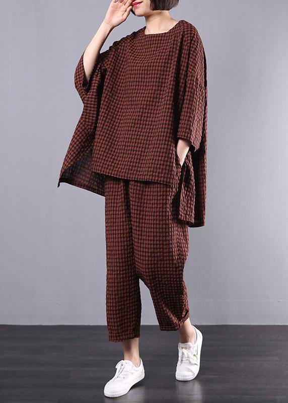 Chic pattern stylish Cotton Linen gray Plaid Vintage Blouse And Pants - SooLinen