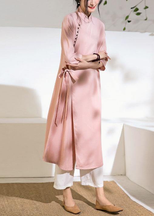 Chic pink Long Shirts stand collar tie waist Robe summer Dresses - SooLinen