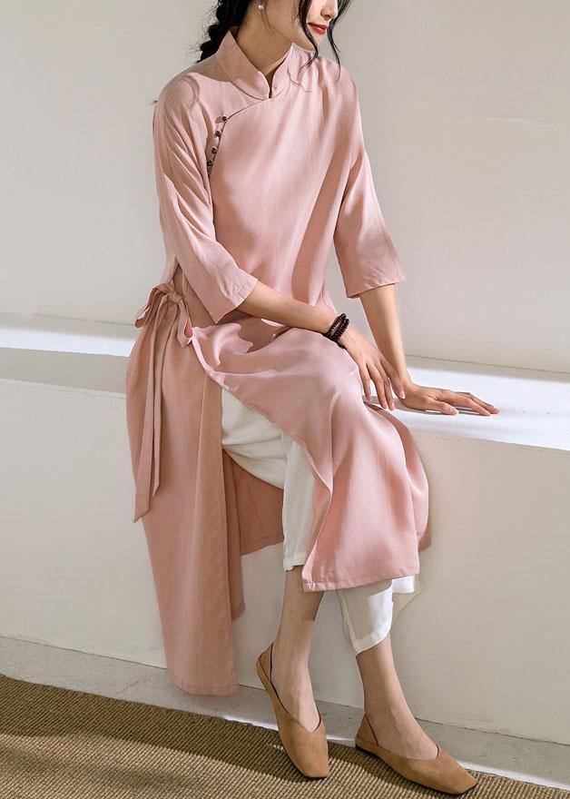 Chic pink Long Shirts stand collar tie waist Robe summer Dresses - SooLinen