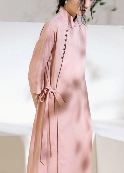 Chic pink Long Shirts stand collar tie waist Robe summer Dresses - SooLinen