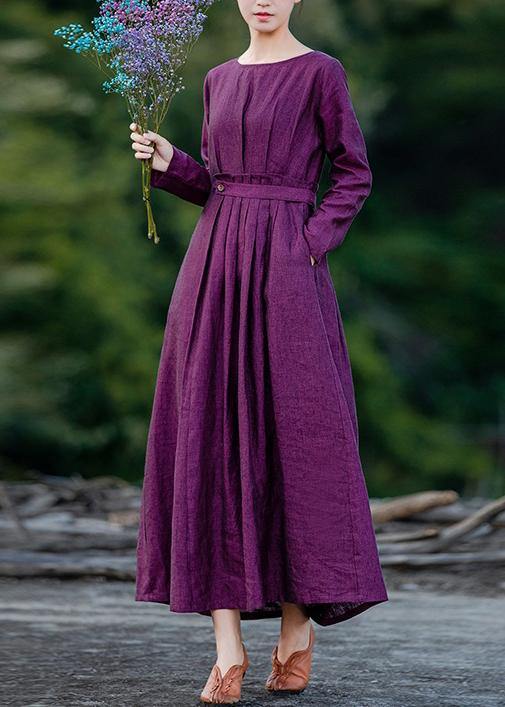 Chic purple clothes For Women o neck Cinched Maxi spring Dresses - SooLinen