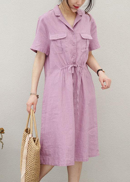 Chic purple linen clothes For Women drawstring Notched cotton summer Dress - SooLinen