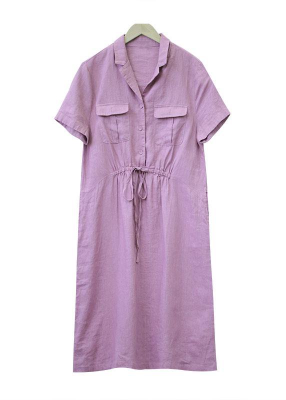 Chic purple linen clothes For Women drawstring Notched cotton summer Dress - SooLinen