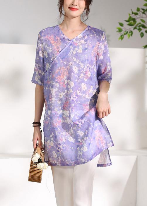 Chic purple print linen clothes v neck half sleeve Knee tops - SooLinen