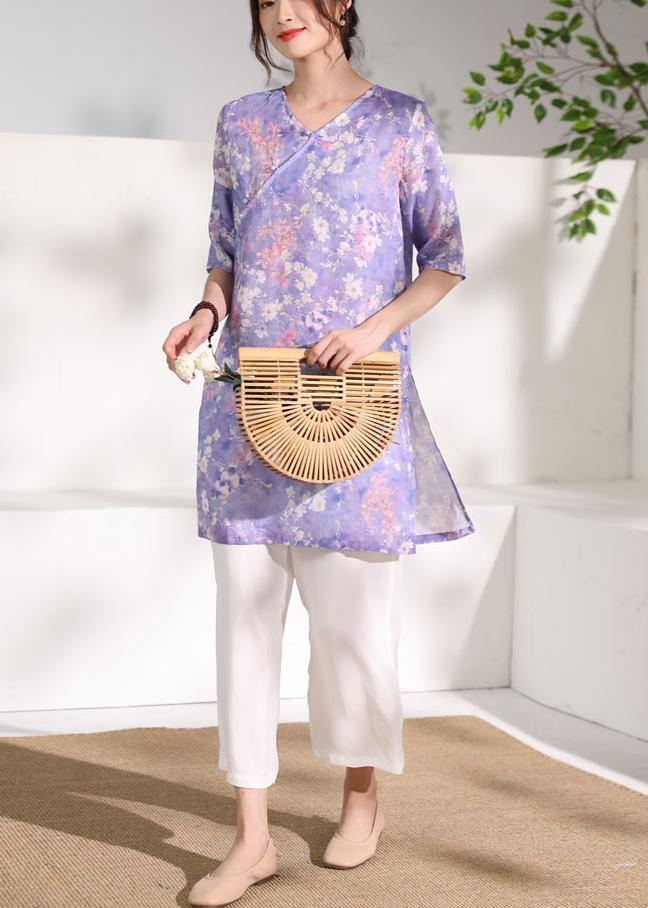 Chic purple print linen clothes v neck half sleeve Knee tops - SooLinen