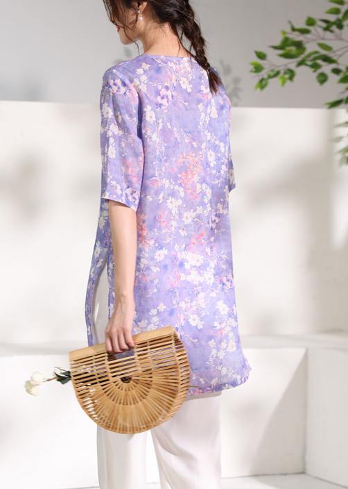 Chic purple print linen clothes v neck half sleeve Knee tops - SooLinen