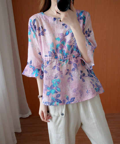 Chic purple print top o neck drawstring daily summer blouses - SooLinen