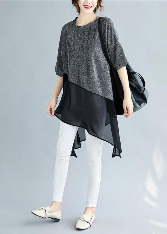 Chic silver linen tops women o neck asymmetric silhouette summer shirt - SooLinen