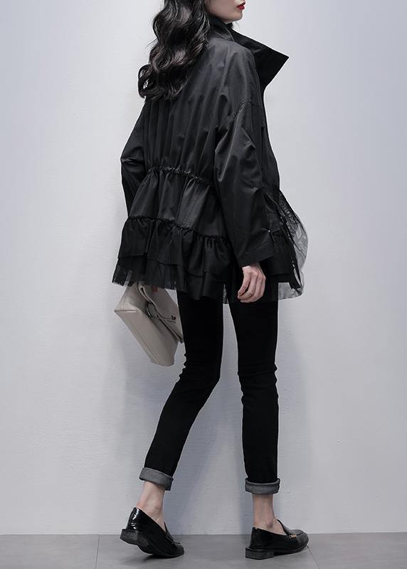 Chic stand collar Fashion coats black patchwork tulle short jackets - SooLinen