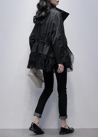 Chic stand collar Fashion coats black patchwork tulle short jackets - SooLinen