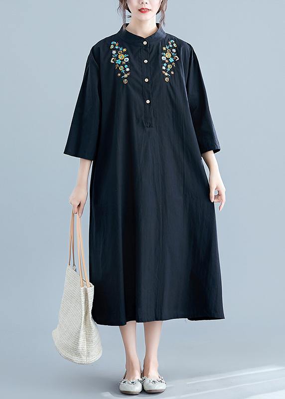 Chic stand collar pockets cotton Wardrobes linen black embroidery long Dress summer - SooLinen