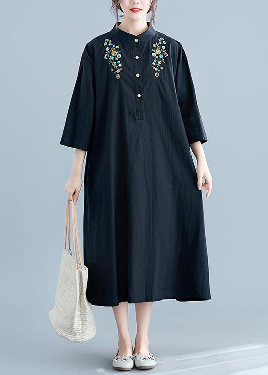 Chic stand collar pockets cotton Wardrobes linen black embroidery long Dress summer - SooLinen