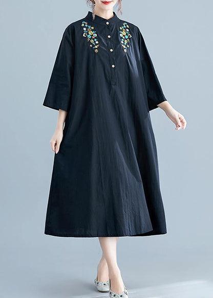 Chic stand collar pockets cotton Wardrobes linen black embroidery long Dress summer - SooLinen
