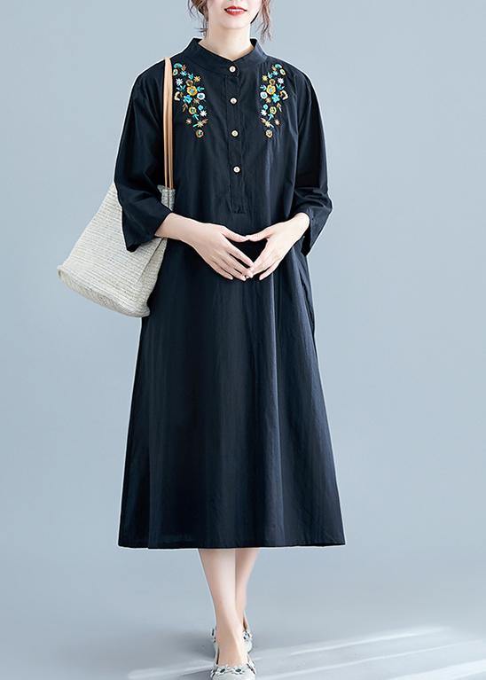 Chic stand collar pockets cotton Wardrobes linen black embroidery long Dress summer - SooLinen