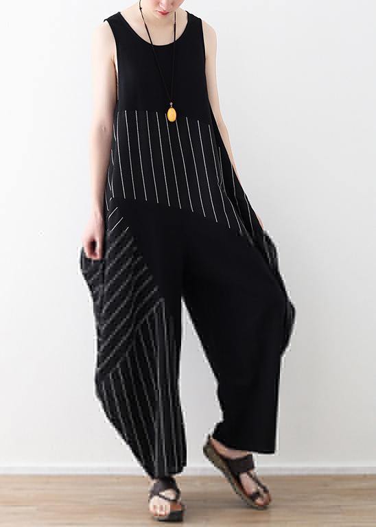 Chic trousers oversized black striped Wardrobes sleeveless asymmetric jumpsuit pants - SooLinen