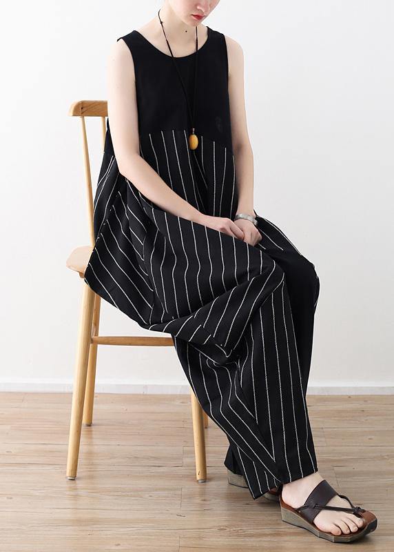 Chic trousers oversized black striped Wardrobes sleeveless asymmetric jumpsuit pants - SooLinen