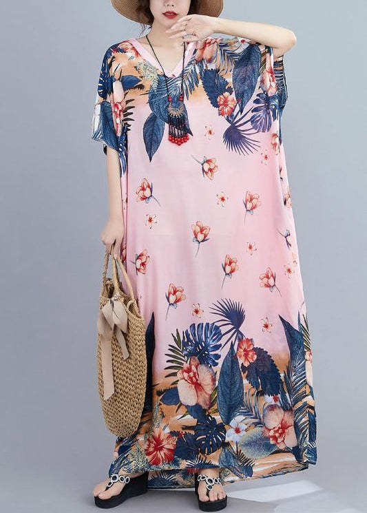 Chic v neck Batwing Sleeve dresses Wardrobes pink print long Dress - SooLinen