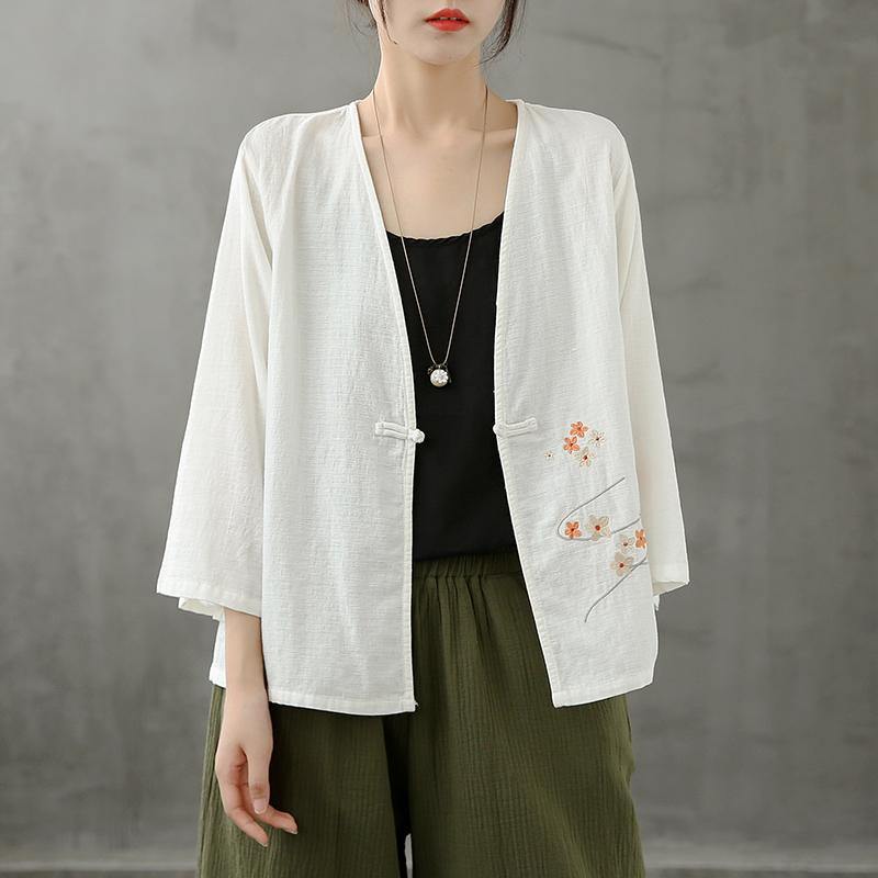 Chic v neck Chinese Button crane tops pattern white shirts - SooLinen