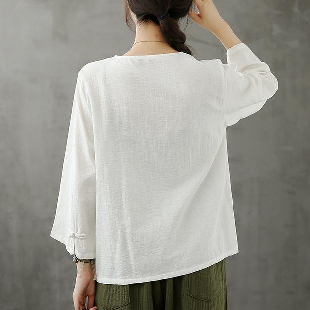 Chic v neck Chinese Button crane tops pattern white shirts - SooLinen