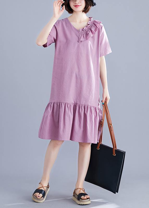 Chic v neck Ruffles linen Long Shirts Outfits purple Dresses summer - SooLinen