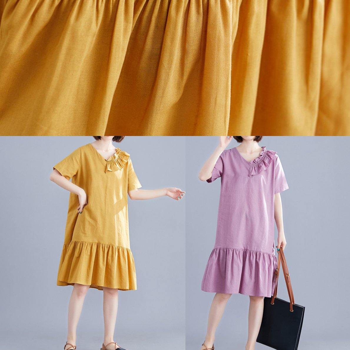 Chic v neck Ruffles linen Long Shirts Outfits purple Dresses summer - SooLinen