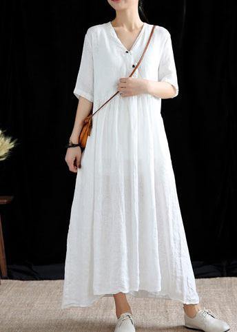 Chic v neck exra large hem linen dresses Work white Dresses summer - SooLinen