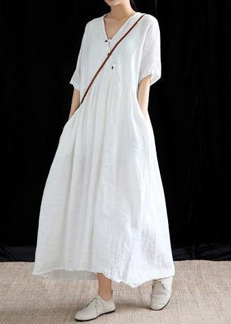 Chic v neck exra large hem linen dresses Work white Dresses summer - SooLinen