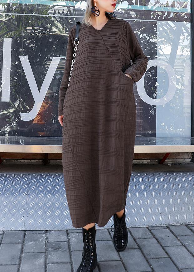 Chic v neck patchwork cotton clothes Sleeve chocolate Dresses - SooLinen
