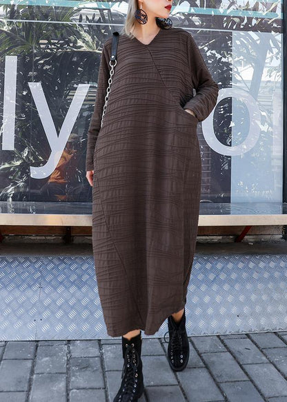 Chic v neck patchwork cotton clothes Sleeve chocolate Dresses - SooLinen