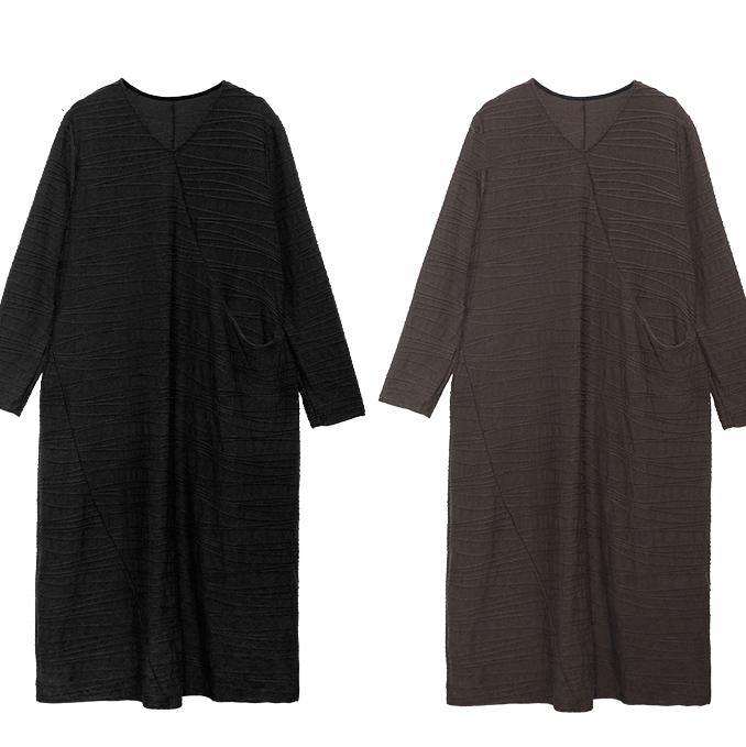 Chic v neck patchwork cotton clothes Sleeve chocolate Dresses - SooLinen