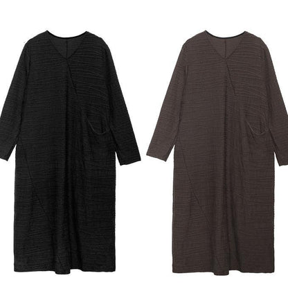 Chic v neck patchwork cotton clothes Sleeve chocolate Dresses - SooLinen