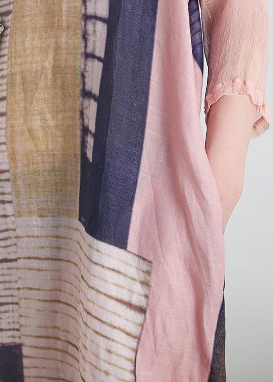 Chic v neck pocketys dresses Photography pink striped Dress - SooLinen