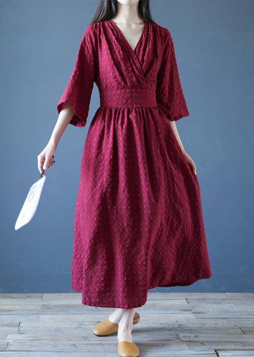 Chic v neck tie waist linen clothes For Women Runway burgundy Dress - SooLinen