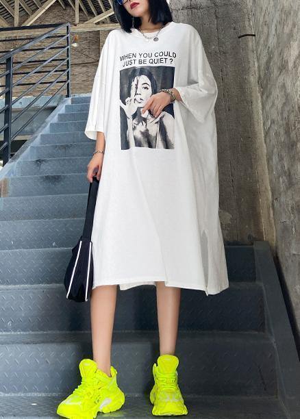 Chic white Letter tunics for women o neck side open A Line summer Dresses - SooLinen