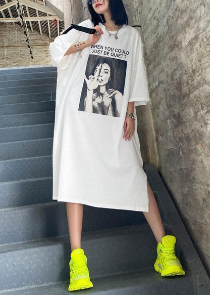 Chic white Letter tunics for women o neck side open A Line summer Dresses - SooLinen