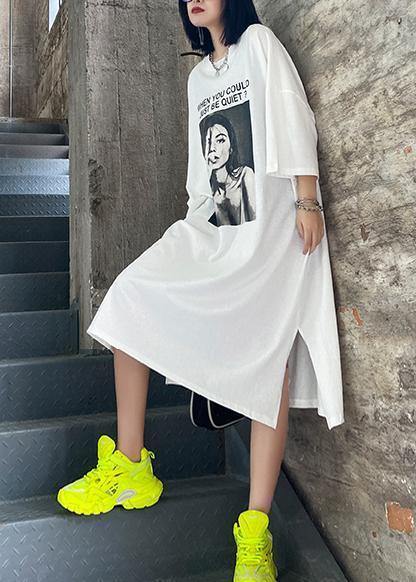 Chic white Letter tunics for women o neck side open A Line summer Dresses - SooLinen