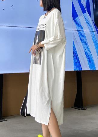 Chic white Letter tunics for women o neck side open A Line summer Dresses - SooLinen