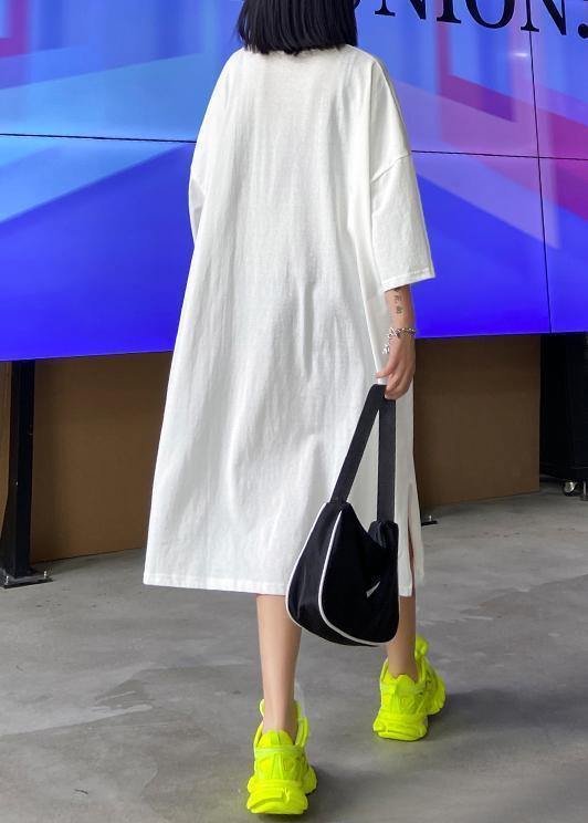 Chic white Letter tunics for women o neck side open A Line summer Dresses - SooLinen