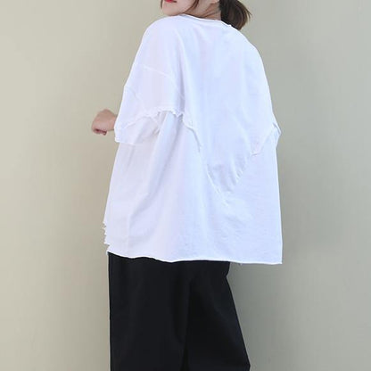 Chic white cotton crane tops o neck Hole oversized shirt - SooLinen